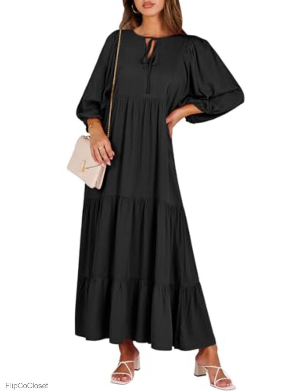 Boho Floral 3/4 Puff Sleeve Maxi Dress Rayon